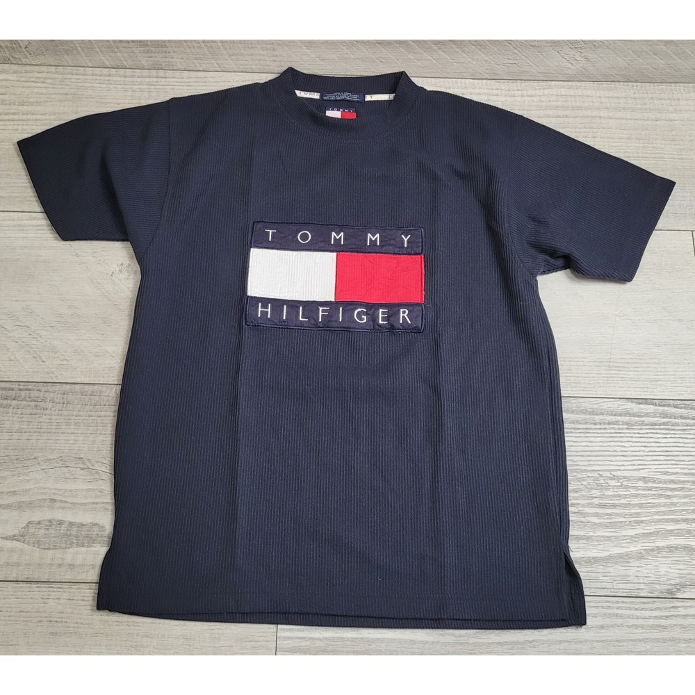 VTG Tommy Hilfiger Sweater Mens S/M Black Heavy Ribbed Flag Logo 90's Y2K Preppy